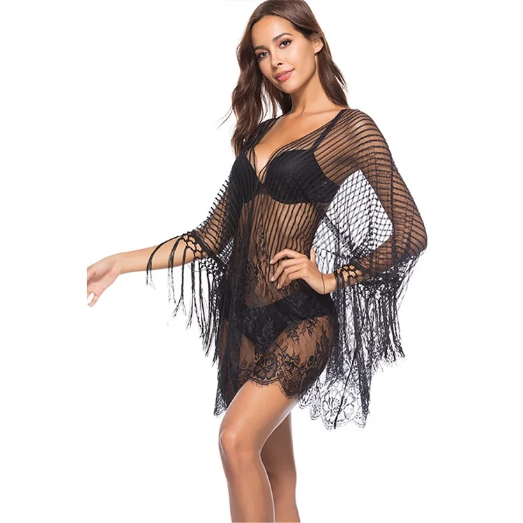 
Transparent Lace Small Tunic Black Perspective Crochet Lace Sexy V-neck Open Beach Dresses 