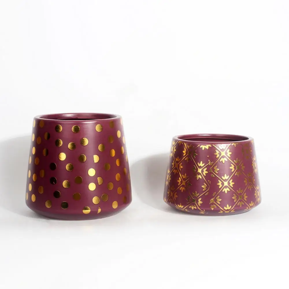 
Hot Sale ceramic geometric succulent planter with artificial succulents for home decoration gold dot design pot 