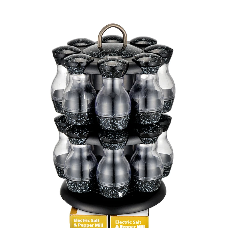 16 Jar Revolving Stainless Steel Glass Kitchen Storage Spice Jars Rack Set