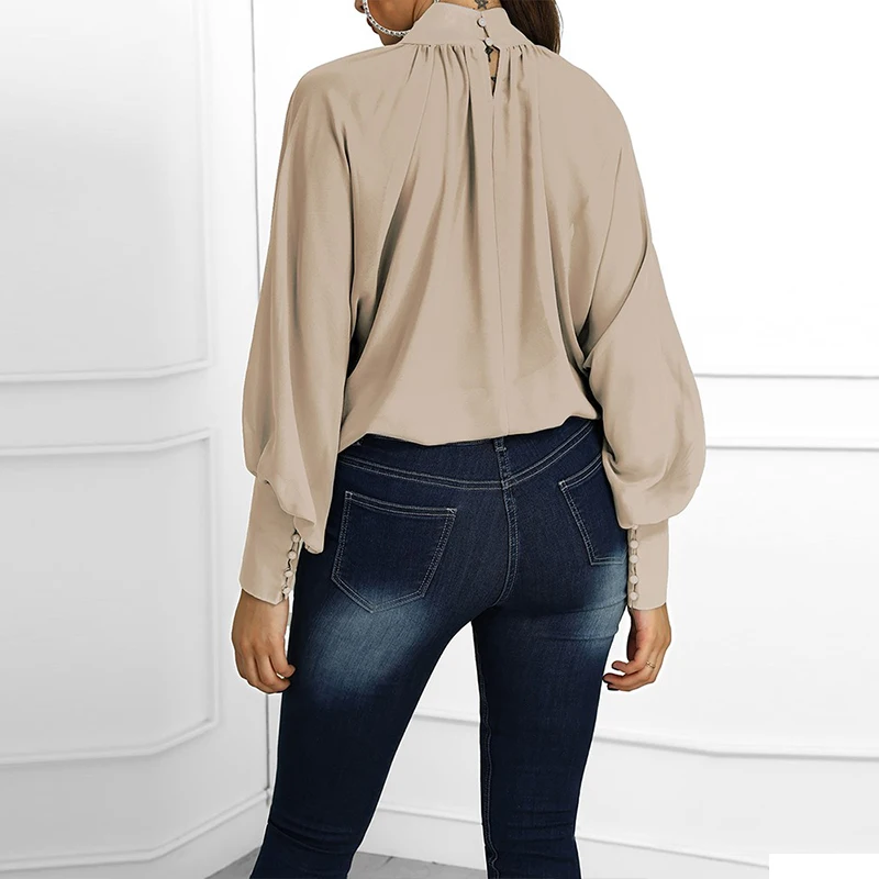 ladyHigh Neckline Lantern Sleeve Wide Cuff Ruched Blouse  back  buttonclosure long sleeve straight hem holiday evening