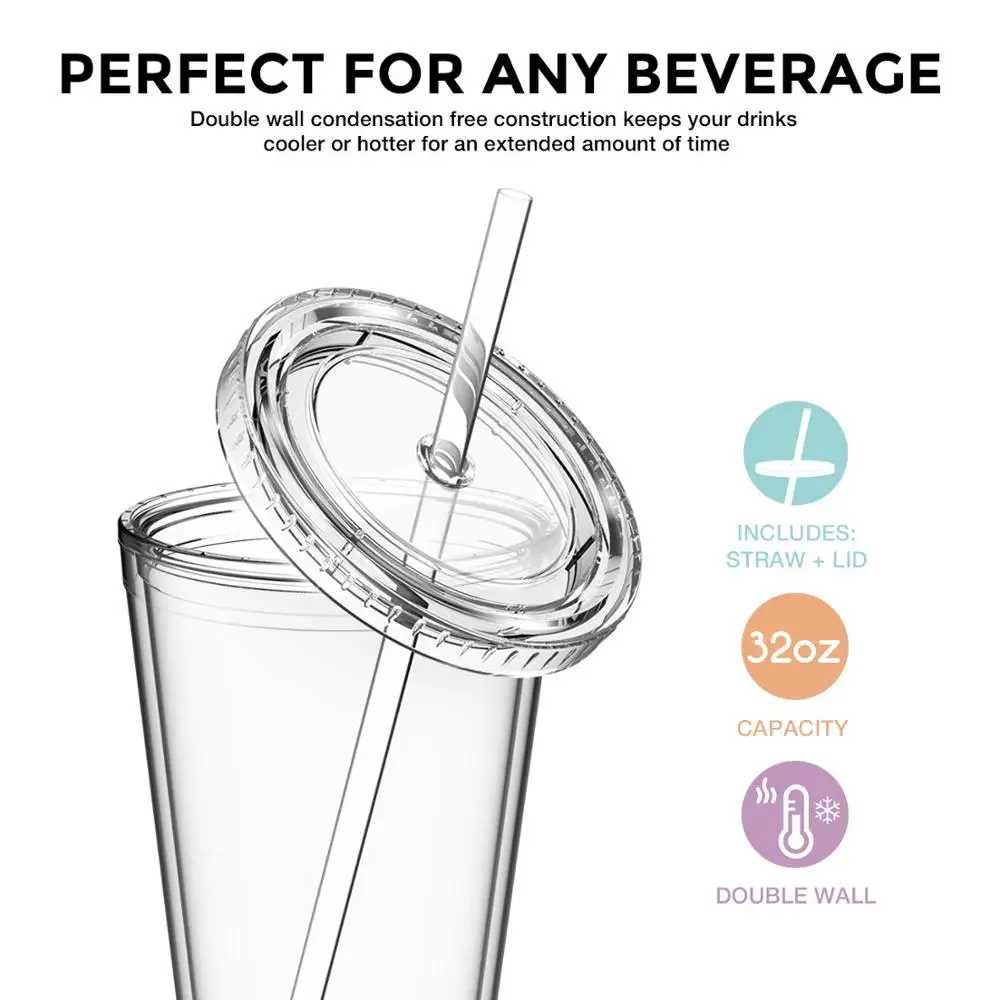 Wholesale BPA free reusable plastic cup sweat proof tumbler bottle with straw and lid