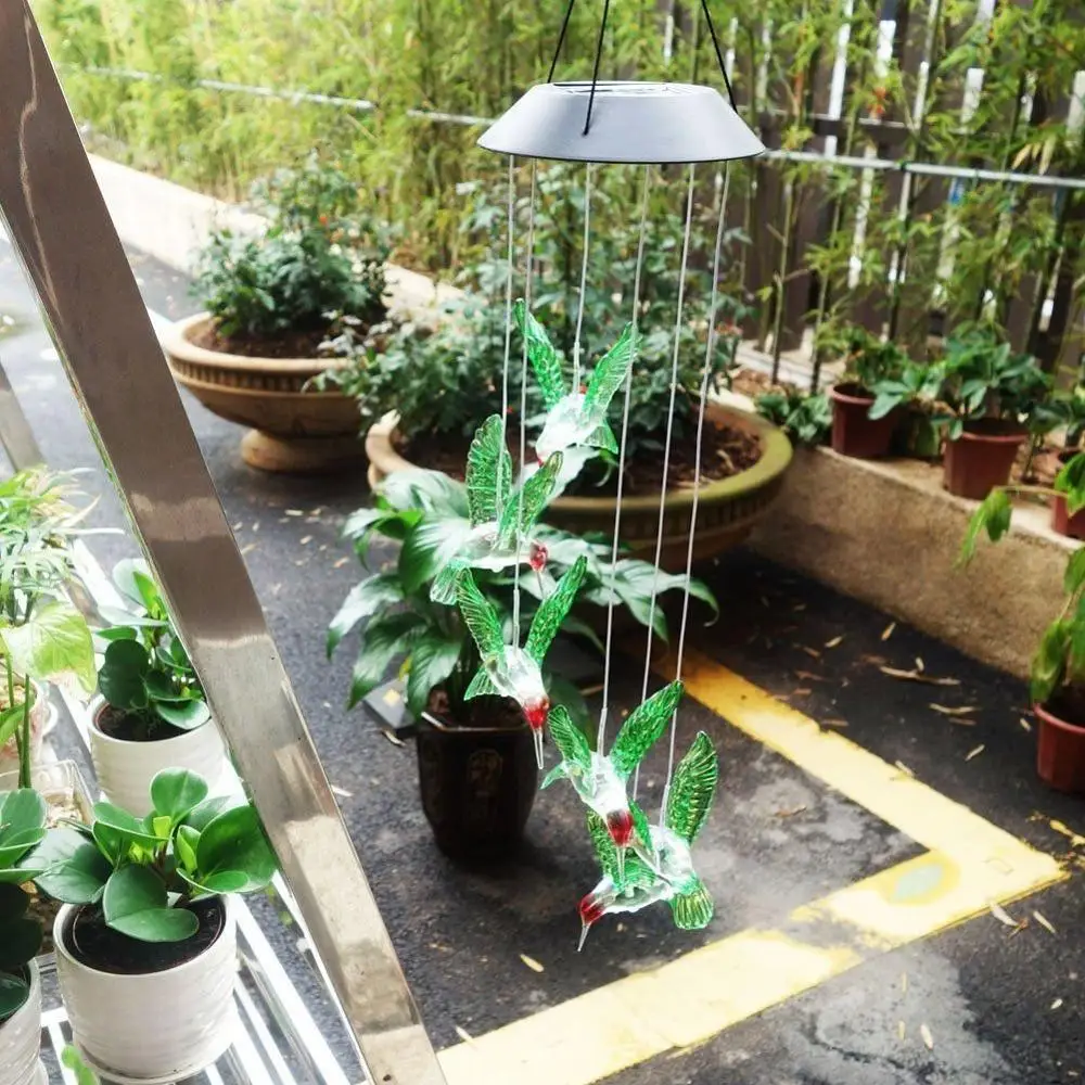 OEM China factory Outdoor Solar Powered Decor Hanging Garden LED Color changing solar hummingbird wind chime lights for window