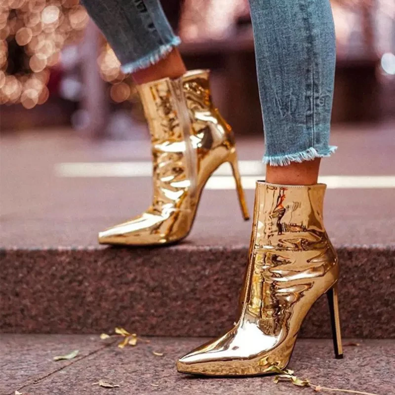 WETKISS Plus Size 45 Fashion 4 inch Stiletto Heels Booties Glossy PU Gold High Heel Boots Ladies Ankle Boots Women Winter Boots