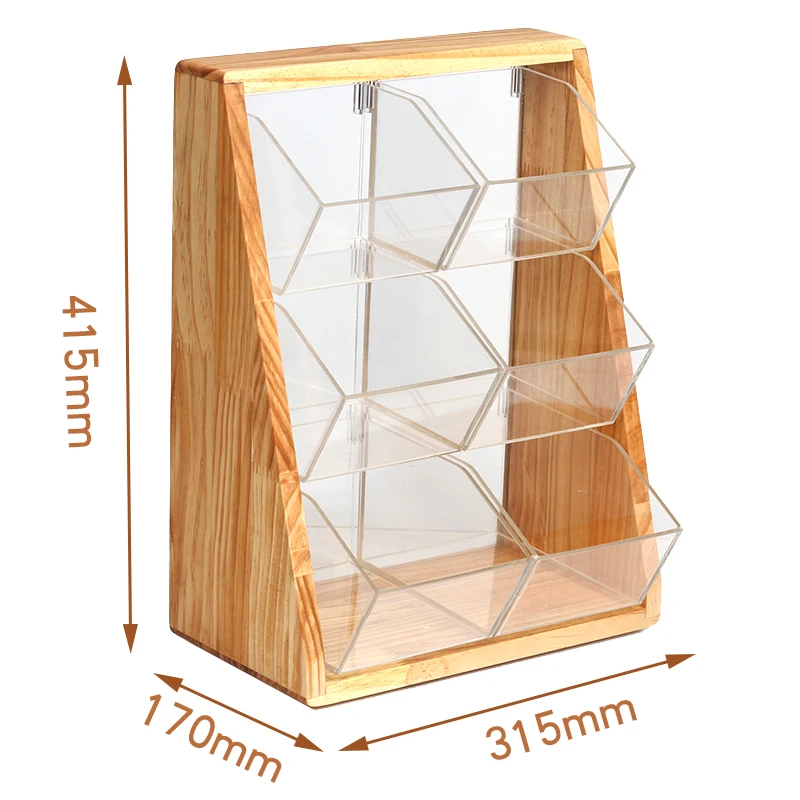 Restaurant Source coffee caddy pine wood frame Acrylic coffee cup Condiment Organizer food display rack pmma coffee display bins