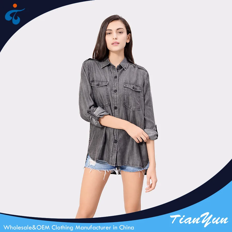 Different kinds of good selling professional casual denim cheap lady blouse