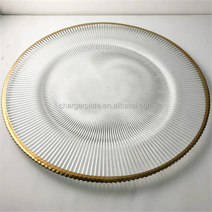 13inch Cheap Unique Ray Design Gold Rim Clear Glass Charger Plate Wedding Decoration Supplies