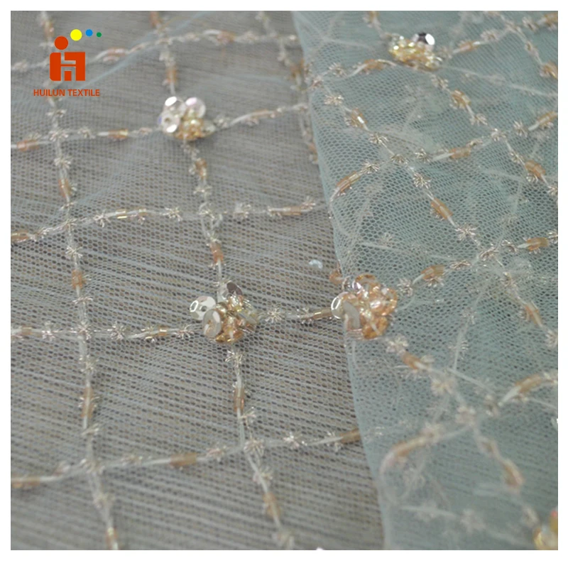 HLSD176 Luxury Tulle Lace Fabric Sequin Embroidery Beaded Lace Fabric On Polyester Mesh With Embroidery