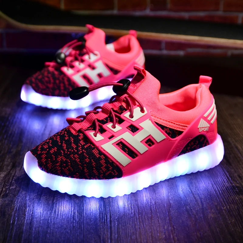 
2021 Spring Summer Breathable Knitted Unsex Children Shoes Sneakers Baby Boys Girls LED Kids Casual Shoes with Light 
