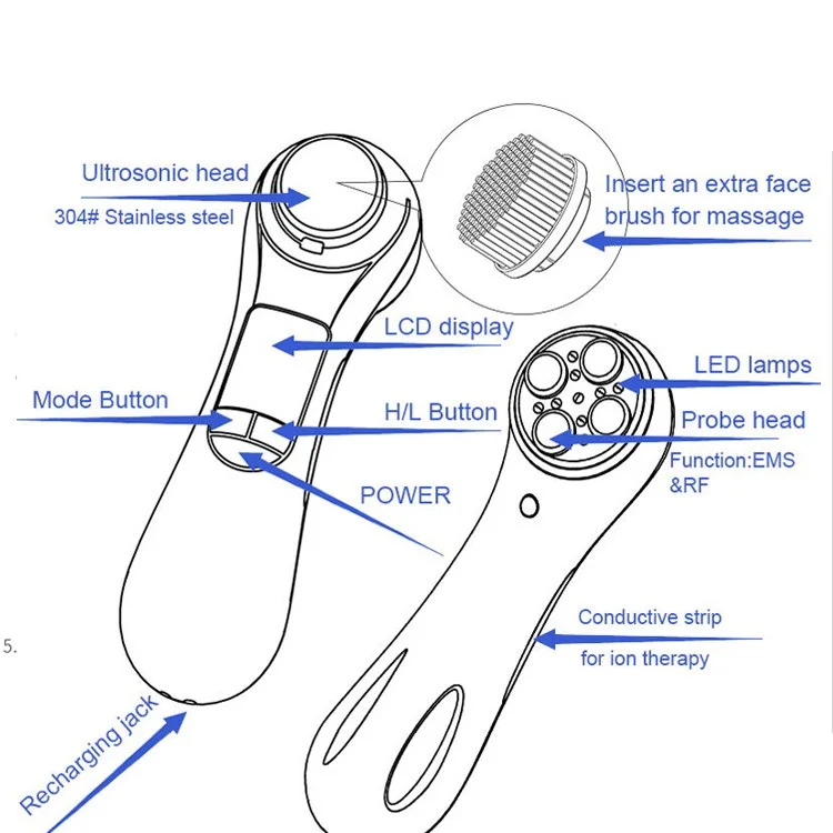 BP9908 multifunction home useskin care facial machine with RF ultrasonic galvanic Led therapy EMS 5 in 1