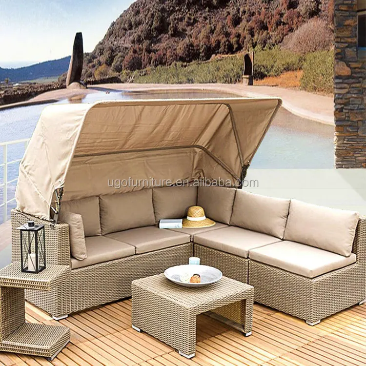 Luxury hotel outdoor leisure furniture garden lounge suite rattan sofa with awning