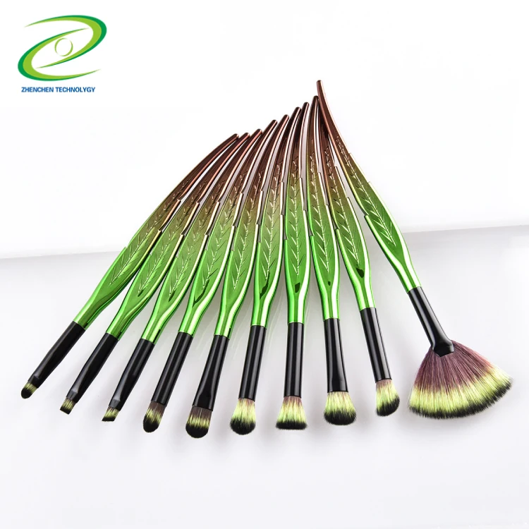 
UONOFO oem high end unique green makeup brush set manufractors private label leaf tail plastic makeup brush set 