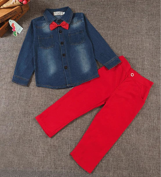 boys bow tie denim shirt and long red pants 2 pcs suit