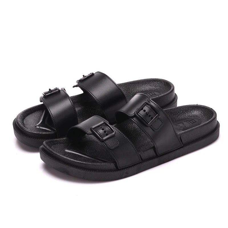 Open Toe Big Buckle Leather Cork Sole Casual Women Slides Sandal