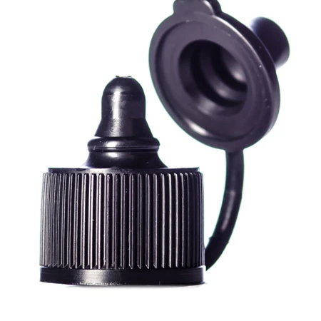 Black PP 15-410 ribbed skirt dispensing lid with strap cap