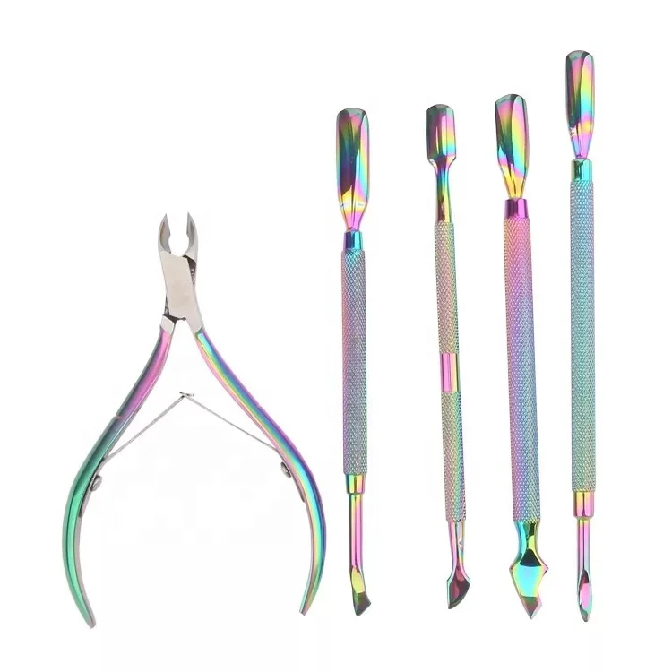 Best pretty beauty rainbow titanium precise stainless steel manicure pedicure nail art callus trimming nipper pusher trimmer kit