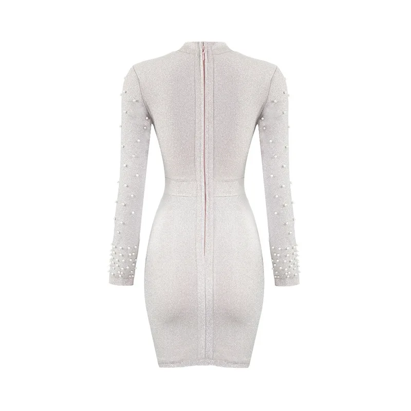 Women Simple bandage evening Half-high collar pearl Lady Cocktail Sequin Prom Dress