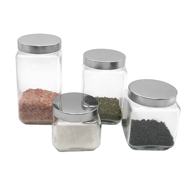 square shape storage empty glass jar for food with metal screw