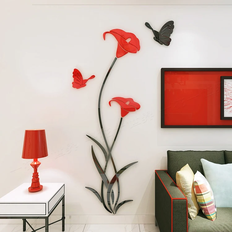 Beautiful  colorful lily flower butterfly vinyl  wall stickers for living room decor