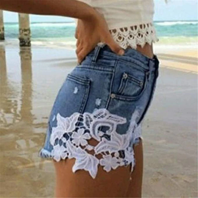 Women Fashion Denim Shorts Lace Stitching  Knickers Hollow-Out Denim Shorts