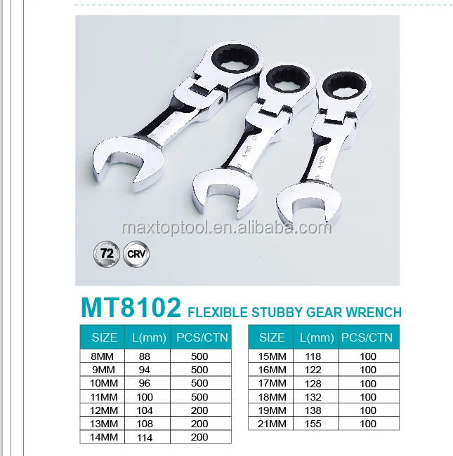 MT8102 stubby type flexible head ratchet wrench short gear spanner 72 teeth 6140crv
