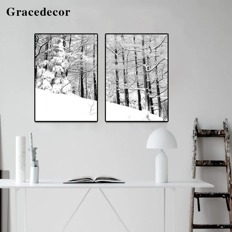 Winter Scene Art Oil Painting Black White Birch Trees Painting