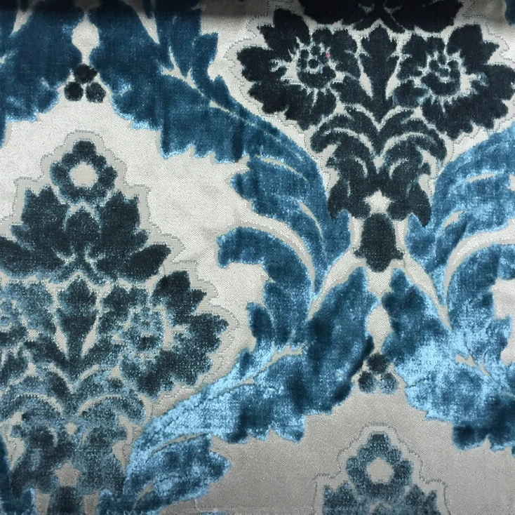 Velvet Viscose jacquard blue embossed flower sofa fabric