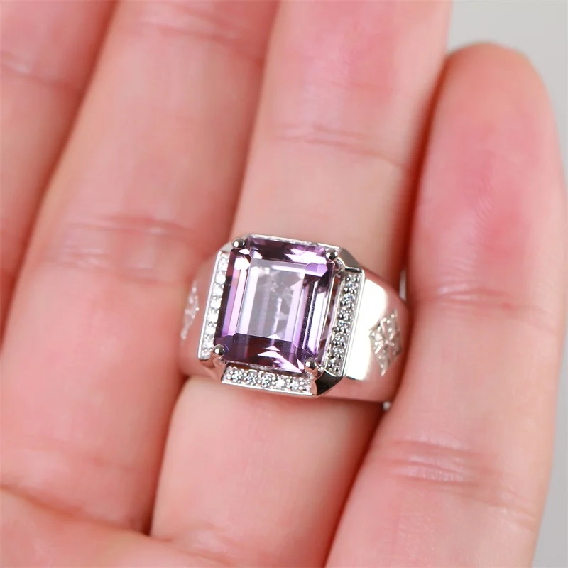 SGARIT wholesale new fashion trendy adjustable purple amethyst natural crystal 925 sterling silver gemstone ring for men