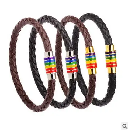 2017 Fashion Men Rainbow Jewelry Charm Genuine leather Bracelet Stainless Steel Magnetic Buckle Accessories Gay Pride Bracelet