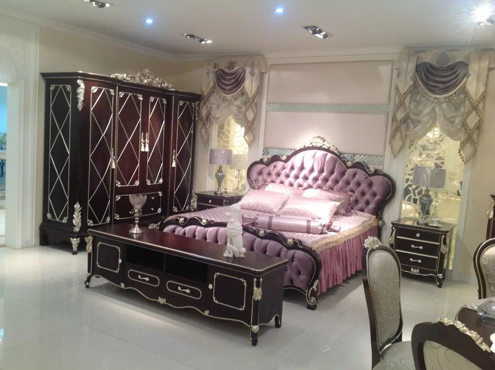 French style furniture romantic fabric wedding  bed with diamond buttons