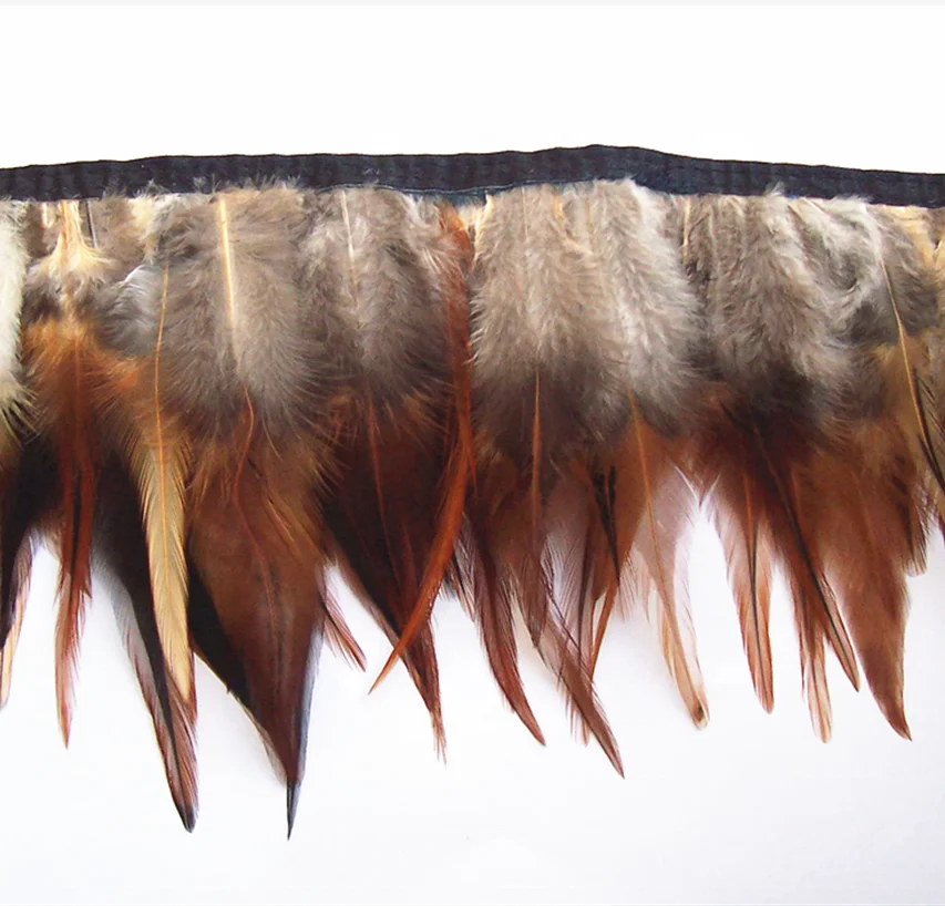 China Feather factory wholesale Natural Red Rooster Saddle Feather Fringe trim with satin ribbon tape