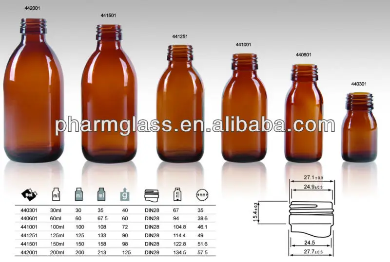 Amber Glass Bottles for Syrup DIN PP 28mm from 30ml to 500ml