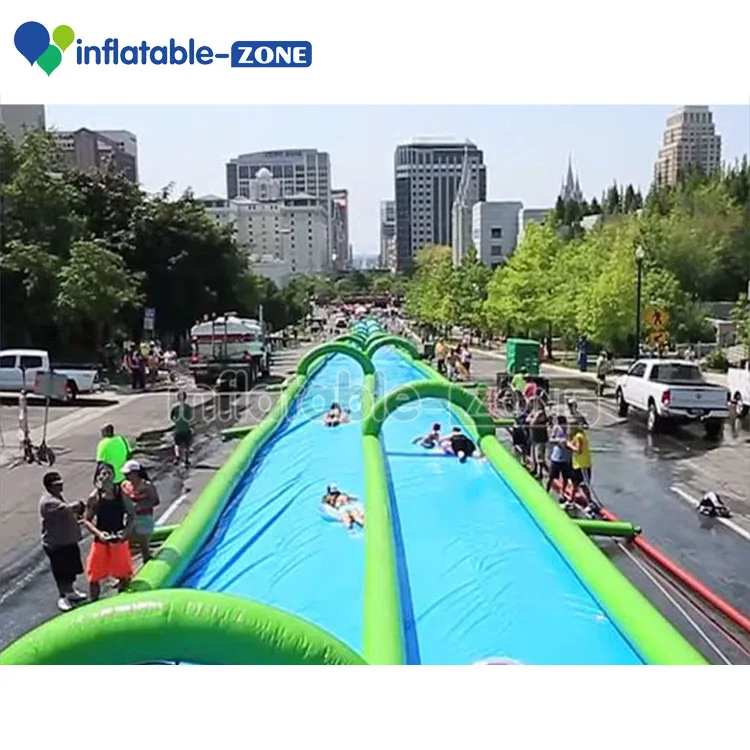 Flat floor city slide Inflatable long water slide with swim ring slip