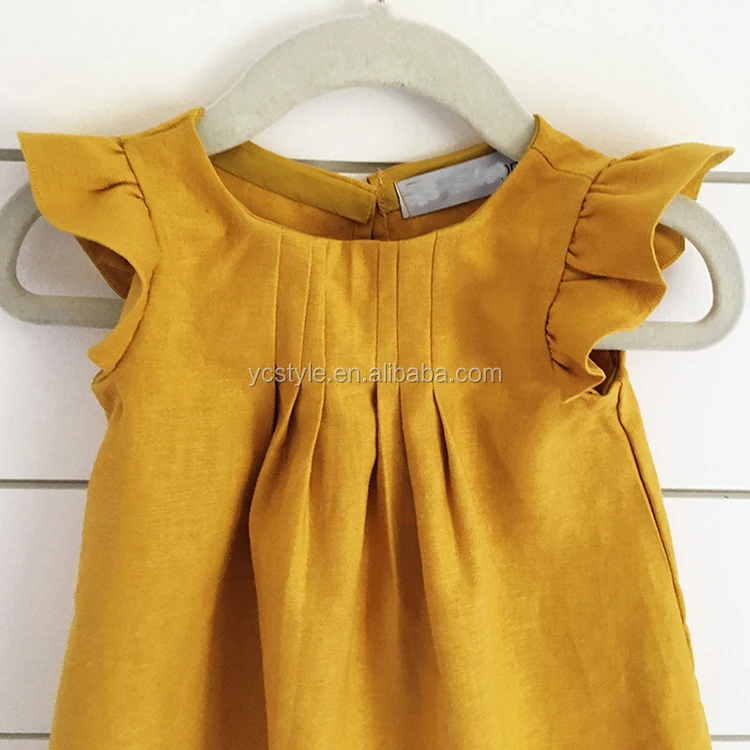 New fashion kids linen frocks dress ruffle design,wholesale summer baby girl boutique dress with frills sleeved