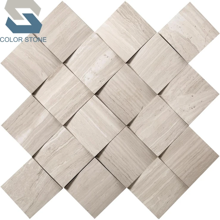 Hot Sale White Oak Wood Arched Herringbone 3D Honed Marble Mosaic Tile