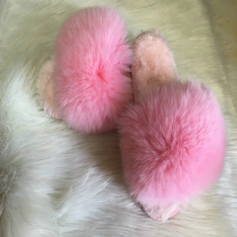 Sandals custom slides rabbit fur sole ,fox fur slippers big real fox fur slide sandals for women