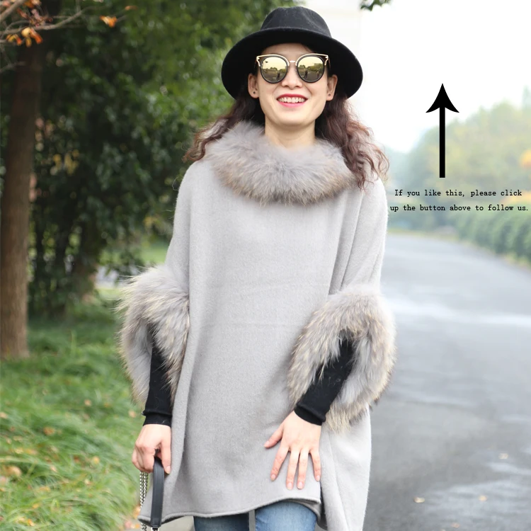 Wholesale Winter Casual Style Plain Raccoon Fur Trim Acrylic Knit Pattern Long Poncho For Women