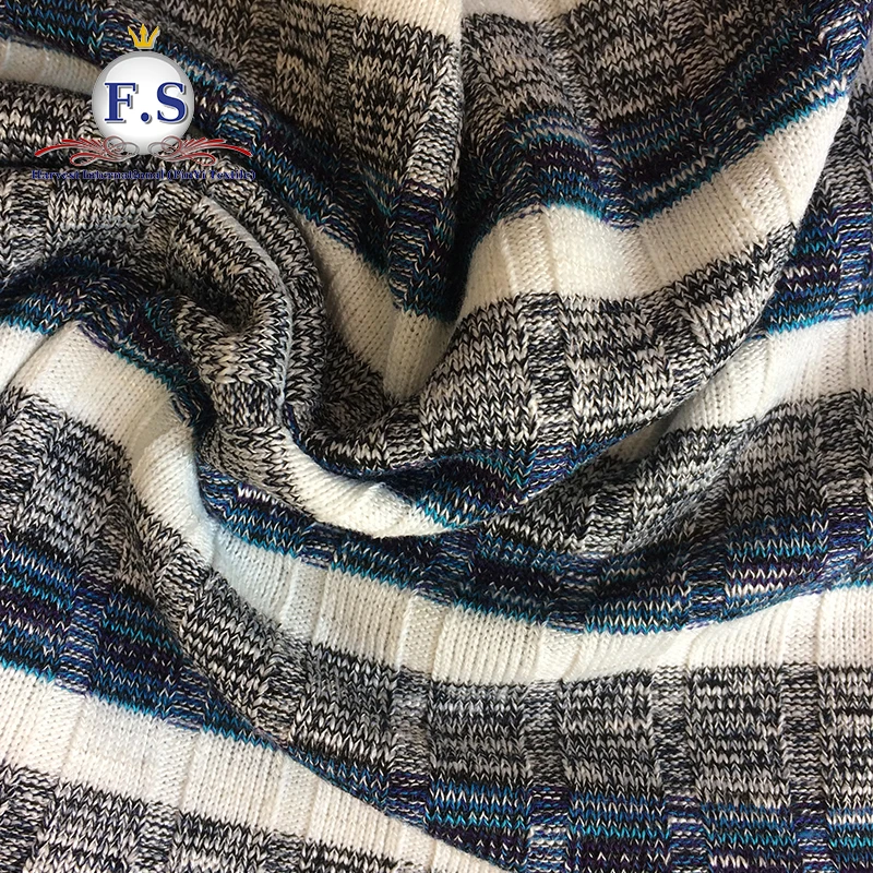 30.5/66.5/3 Rayon/Poly/Spandex blue melange white striped with slub ribbing fabric for sweater