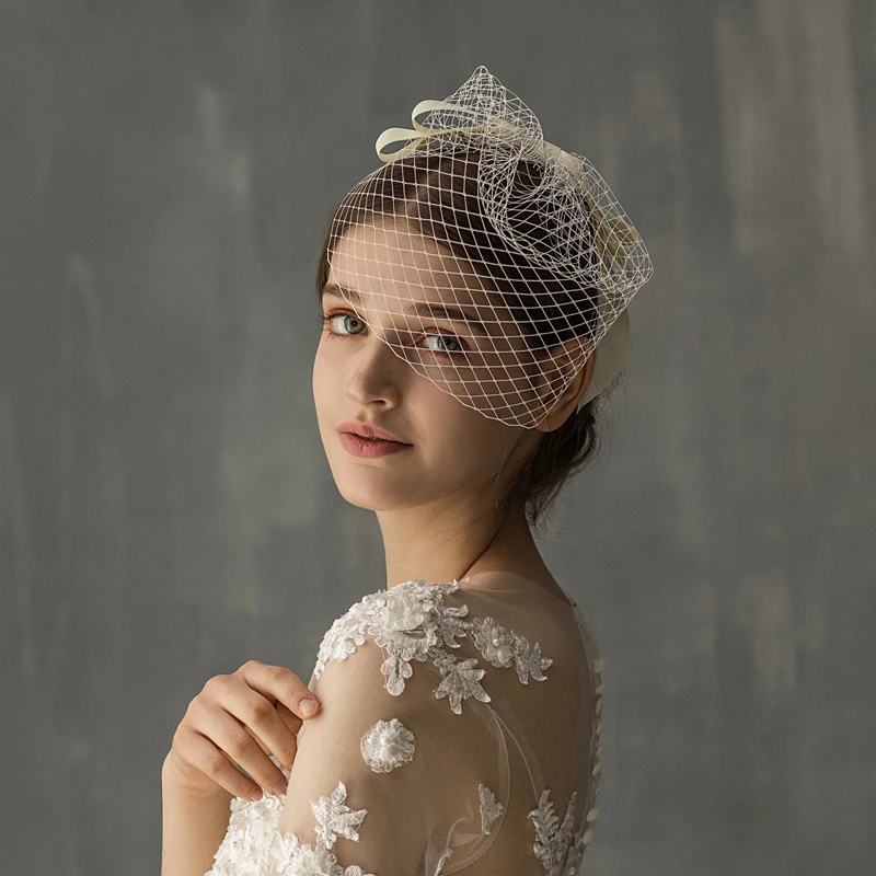 V625 Fascinators Blusher Marriage Bridal Veil Netting Cut Edge One-Layer White Wedding Short Bride Veil with Ribbon Bow Comb
