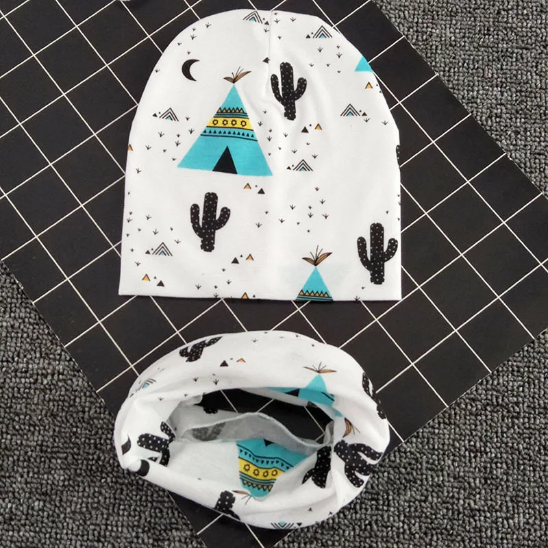 19074 Детские хлопок ткань печатных дизайн шляпы шейный платок Набор мягкий мультфильм шаблон Шапки