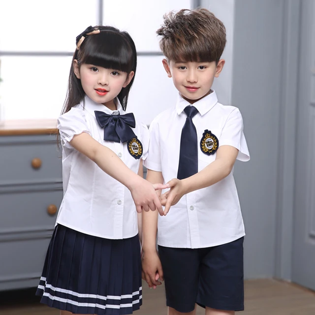 2pcs Sest Shorts Dress Short Sleeve White Blouse School Uniforms Design with Skirts Shirt Kindergarten Primary Boys and Girls