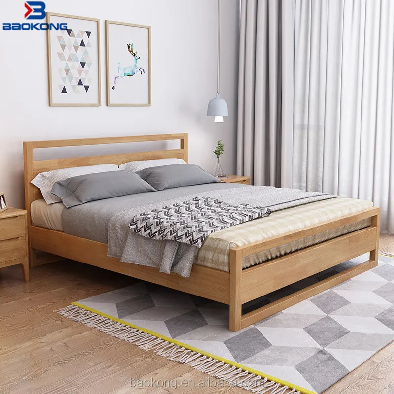 New Design Thailand Rubber Wood King Size Double Bed Solid Wood Bed
