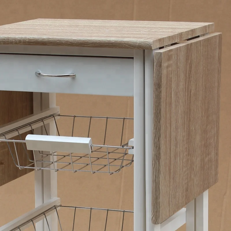 
Portable Rolling Drop Leaf Kitchen Island Cart White Tile Top Folding Trolley Table, 1 Wood Drawer & 2 Steel Baskets 