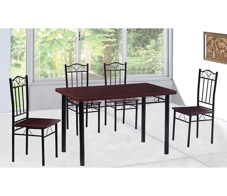 Melamine mahogany popular style metal Dining table set with 4 chairs for dining room DS-006