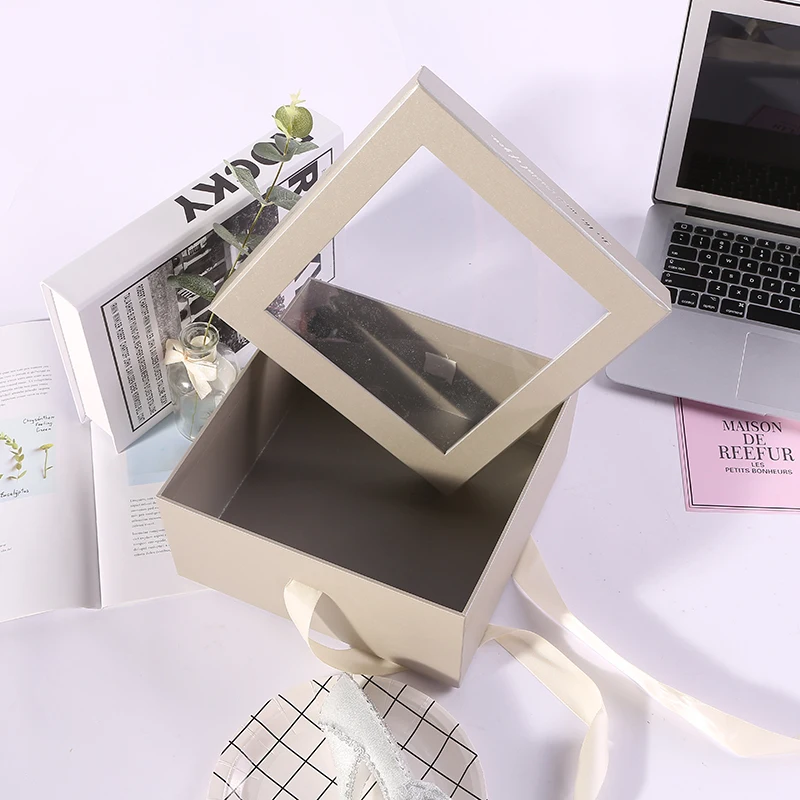 luxury custom plastic PVC window paper gift packaging box with ribbon