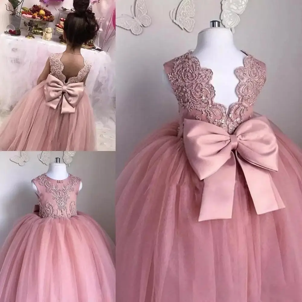 ZH0844X 2019 Pink Flower Girls Dresses Sheer Jewel Neck Sleeveless Lace Appliques Girl Pageant Gowns Birthday Dresses With Bow