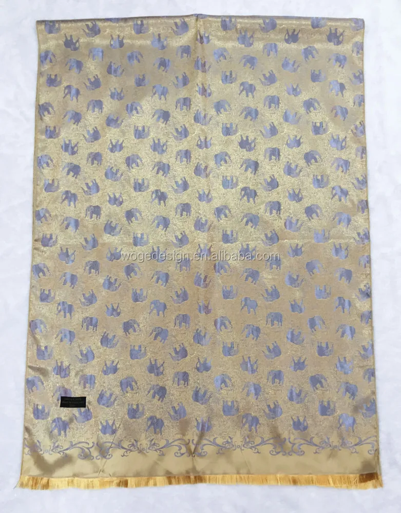 Fashion hot sold famous superb Thai design womens trims shawls hijab wraps jacquard gold elephant imitation silk scarf pashmina