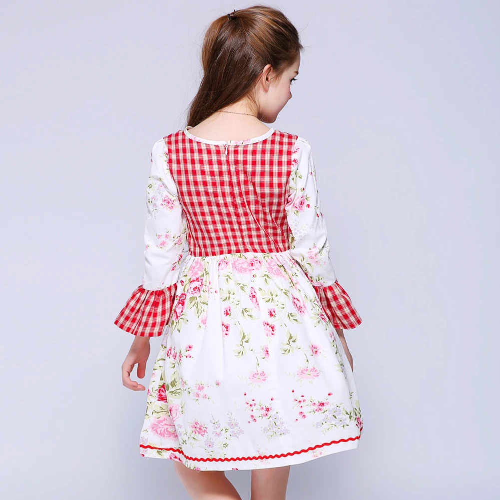 Kseniya Kids Pink Floral Plaid Patchwork Petal Sleeve Fancy Dress For Indian Girl Party Communion Girls Floral Dresses