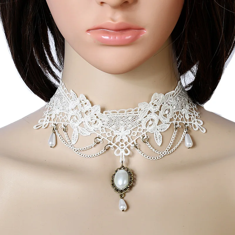 fashion handmade cheap pattern blouse pearl laceand beaded collar necklace