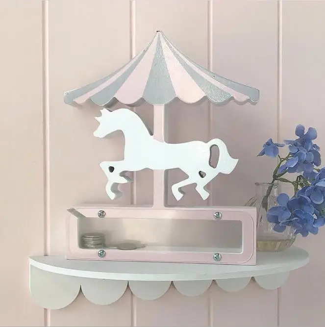 Home Decoration Kids Carousel  Money Box Wooden Clear Birthday Gift Piggy Bank