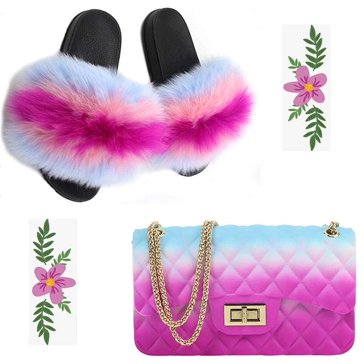 
Wholesale Real Fox Fur Slides Slippers And Cross-body Jelly Bag Sets For Girls and Women Furry Slippers Fur Slides And Purse Set 